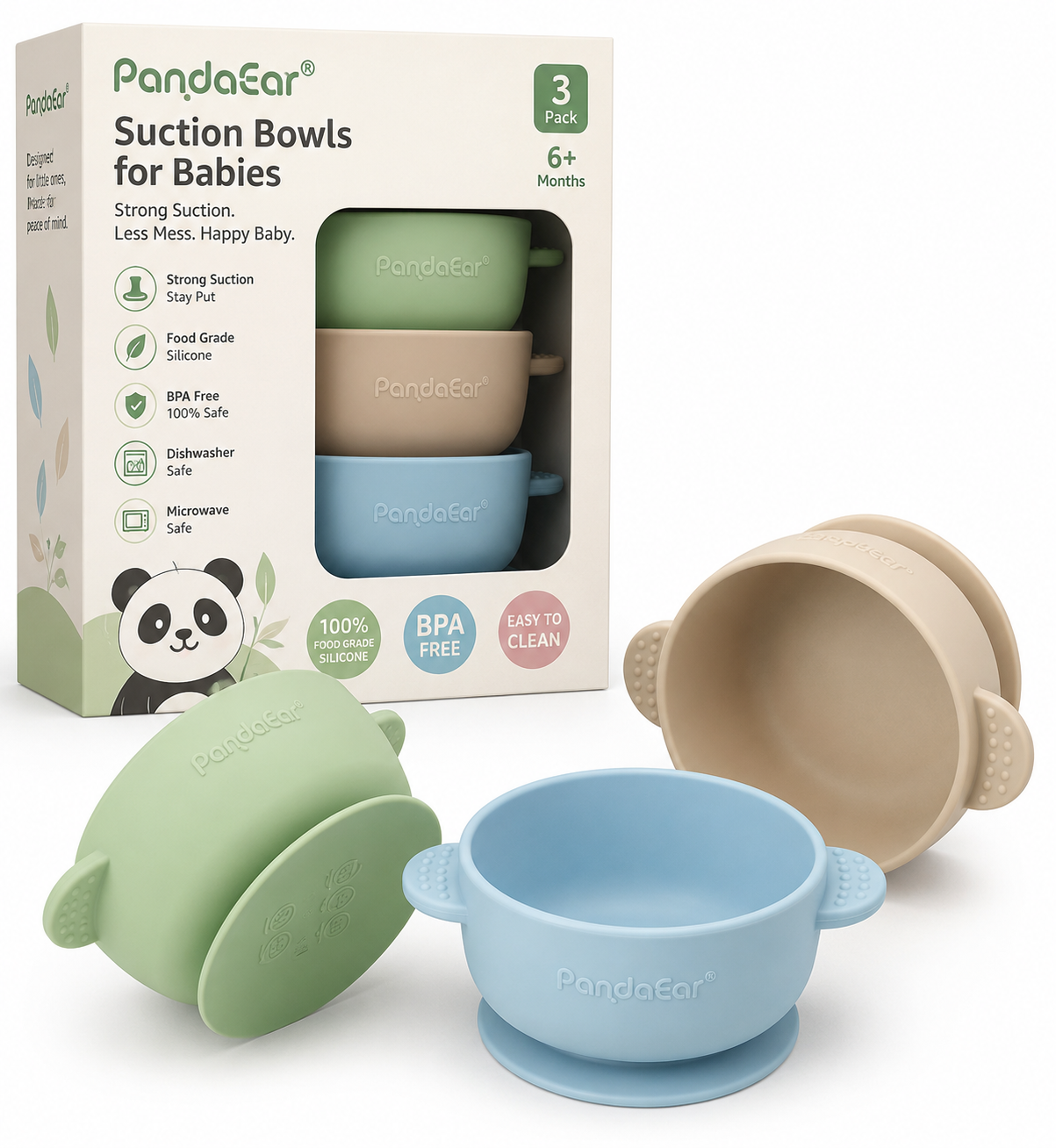 PandaEar - Tazones con Succión para Bebés - Pack de 3 Verde/Beige/Azul - Niños