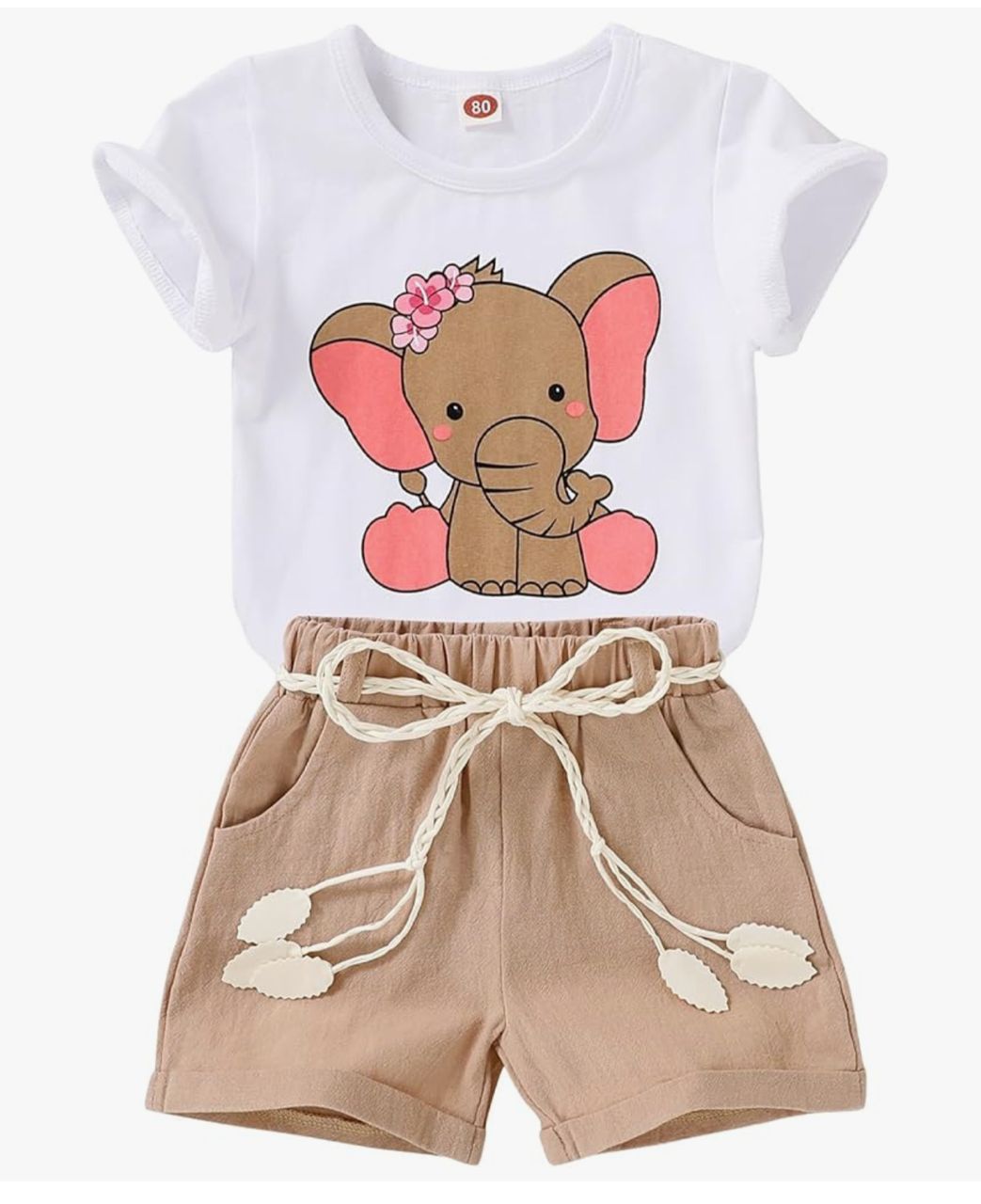 YOUNGER TREE Conjunto Infantil Camiseta y Short - Elefante Blanco/Beige