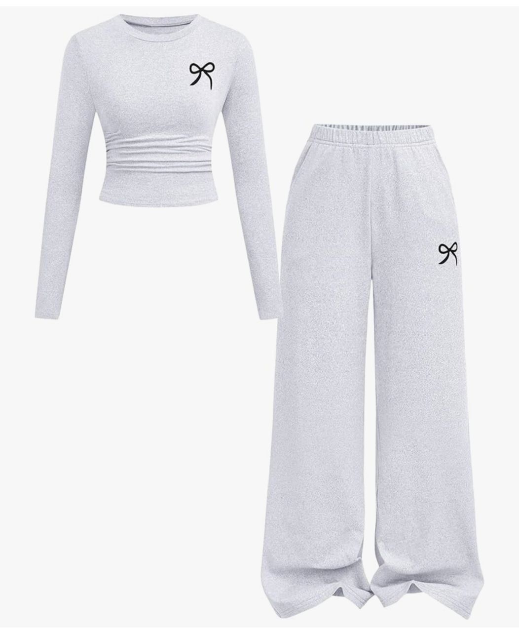 Conjunto de Top Manga Larga y Pantalón Wide Leg - Gris Claro con Lazo Negro