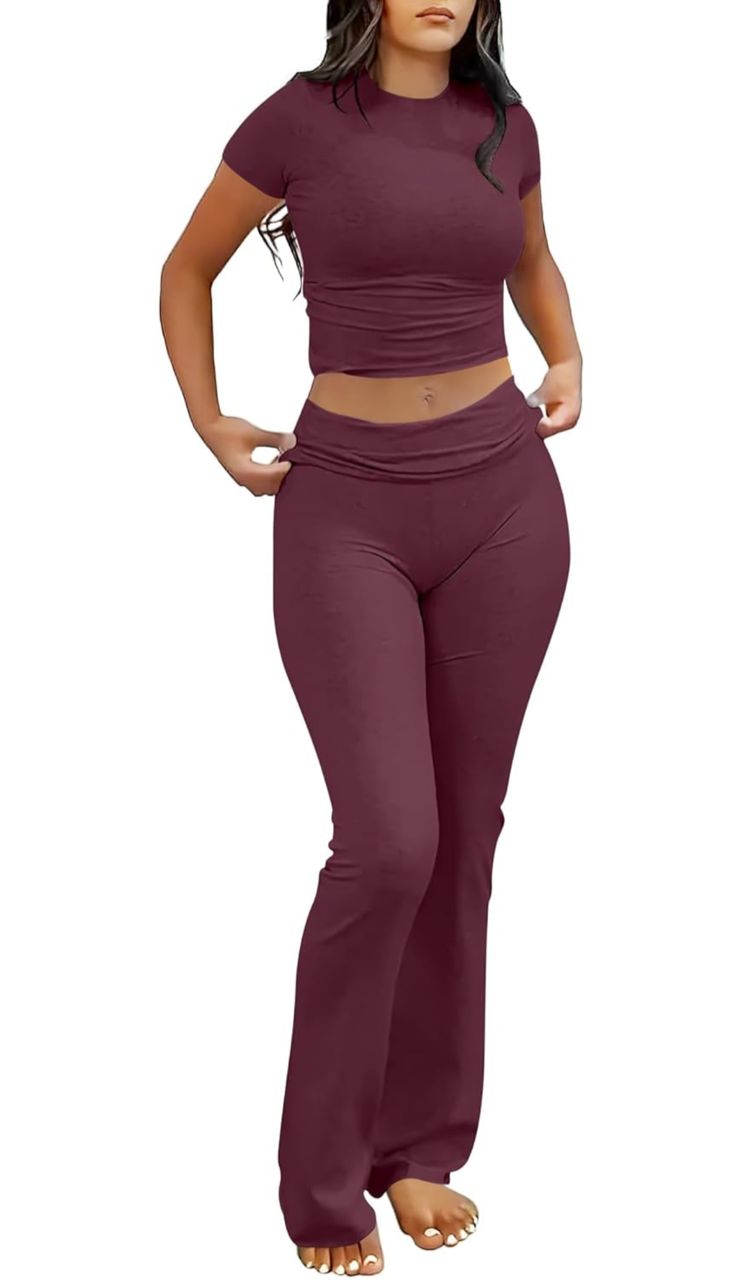 Conjunto de Descanso de Top Corto y Pantalón Acampanado - Vino