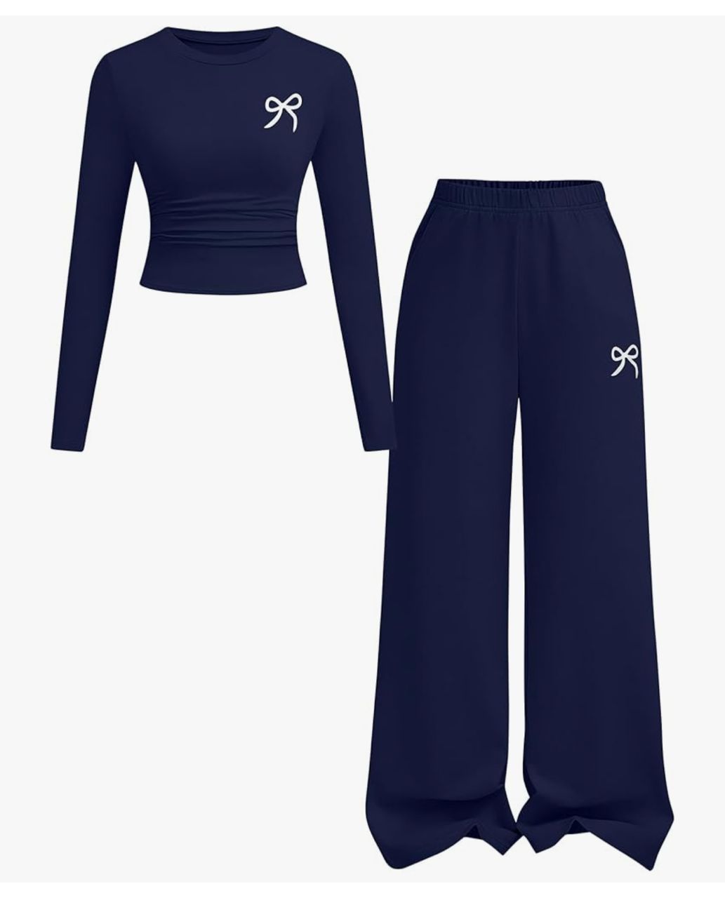 Conjunto deportivo de top manga larga y pantalón wide leg - Azul marino con lazo blanco
