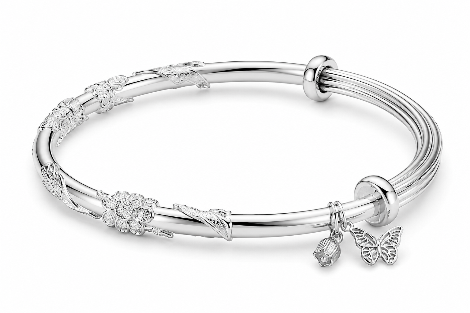 XINHAGE - Brazalete Ajustable de Plata Esterlina 925 - Campana de Mariposa Floral