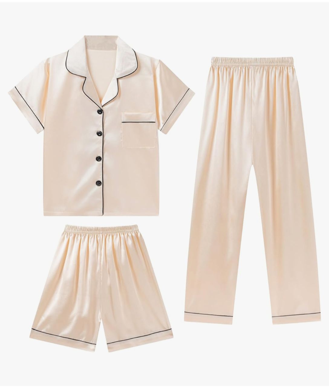 Pijama Satinada 3 Piezas - Beige con Ribete Negro