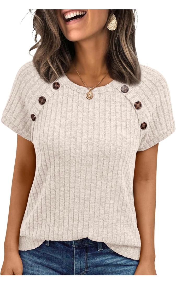 Blusa acanalada de manga corta - Beige con botones decorativos