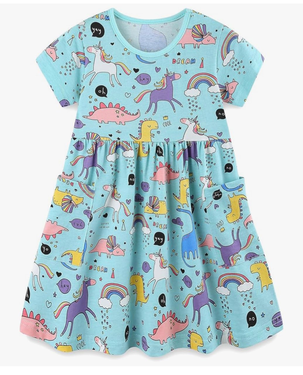 Vestido infantil estampado - Unicornios y dinosaurios celeste