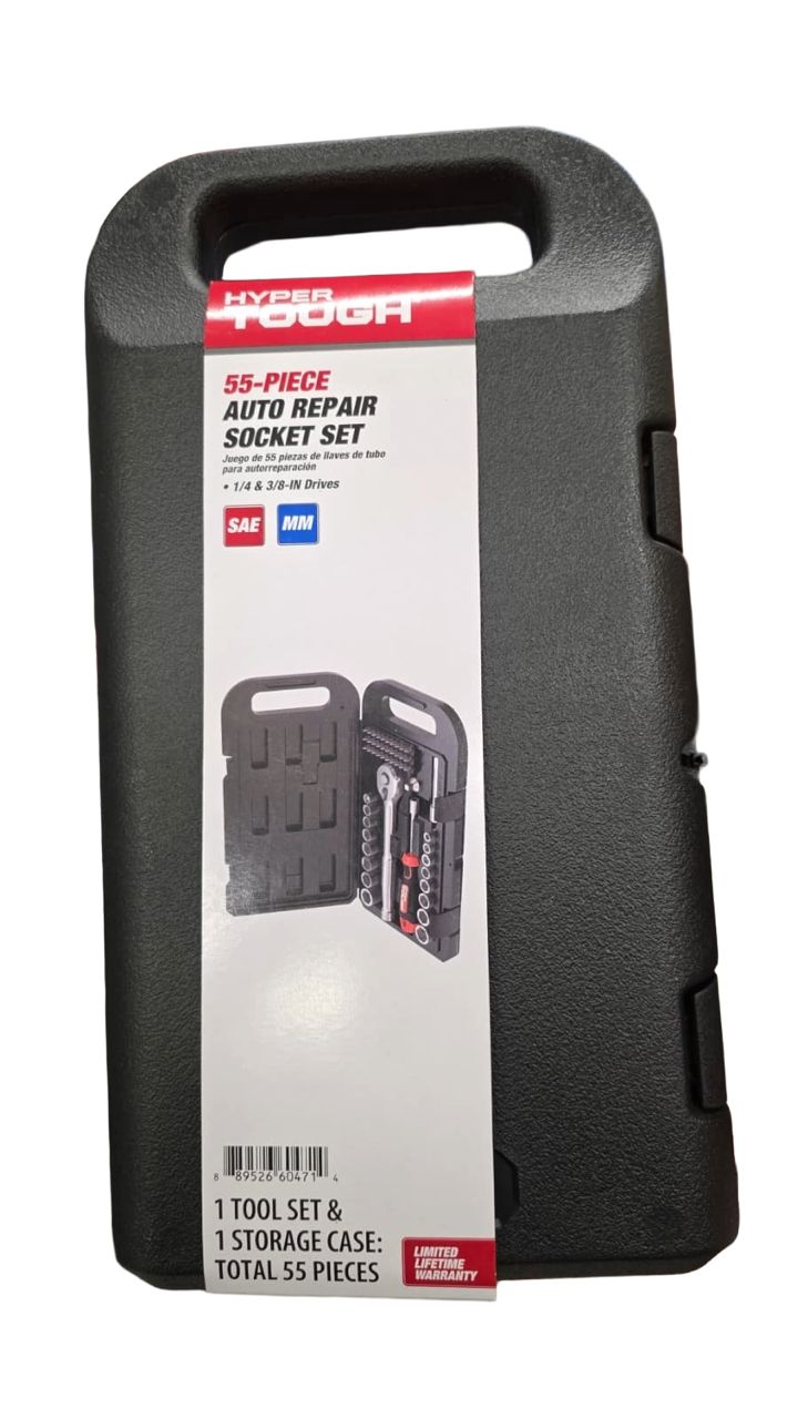 Juego de Dados Hyper Tough 55 Piezas SAE y Métricas – Kit Auto Repair Socket Set con Ratchet y Estuche Rígido