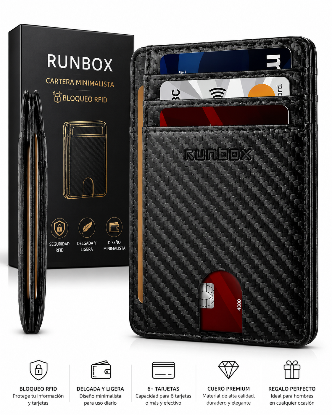 RUNBOX - Cartera de cuero delgada con bloqueo RFID - Negro Textura Carbono
