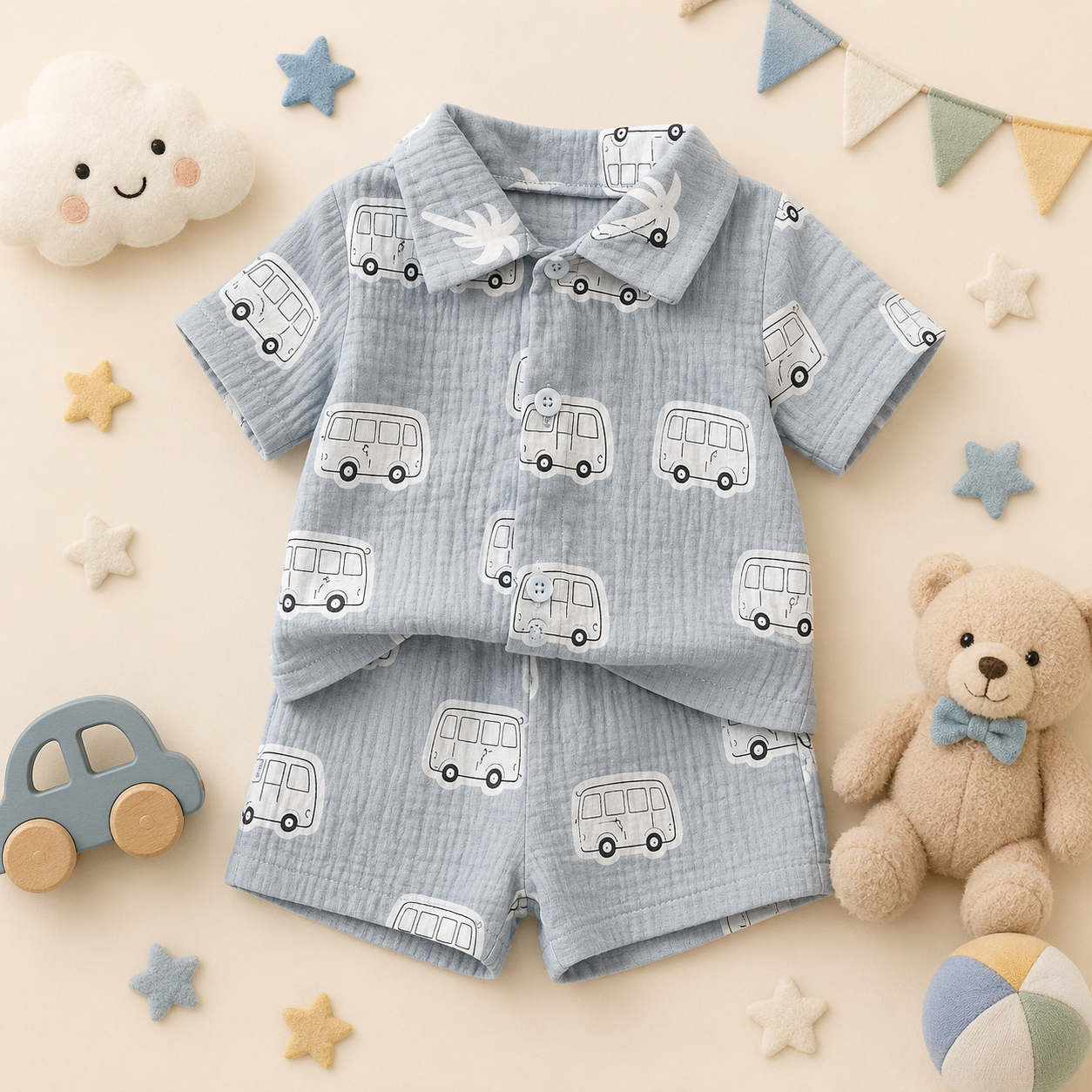 Conjunto infantil camisa y short - Azul con estampado de buses