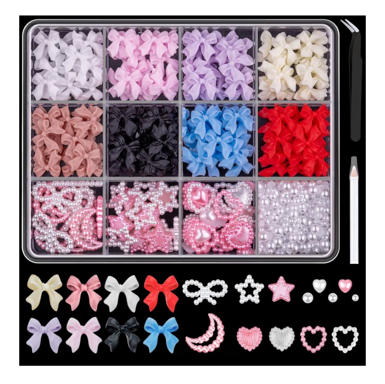 - Kit de Decoración 3D para Uñas - 600 Lazos y Perlas Multicolor 8 colores