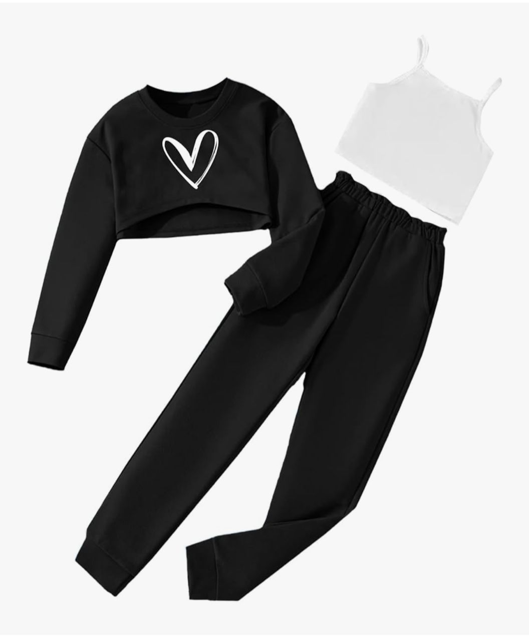 Hilinker - Conjunto Infantil 3 Piezas - Negro con Top Blanco y Corazón