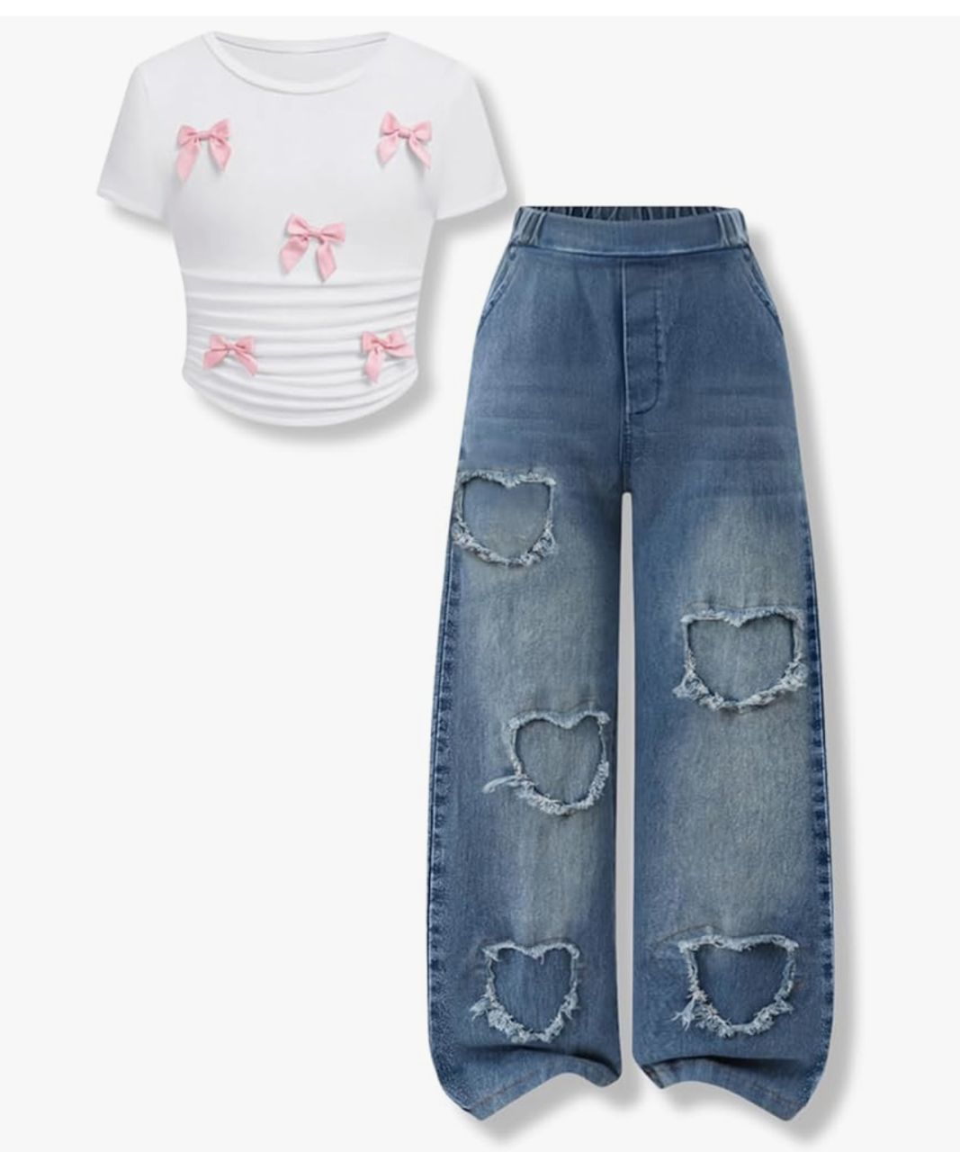 Conjunto top con lazos y jeans wide leg - Blanco y azul denim