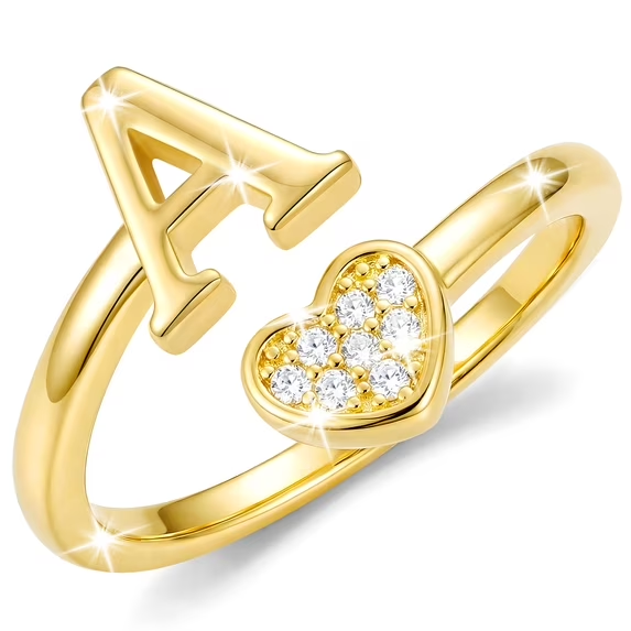 APSVO - Anillos Inicial de Amor y Corazón - Ajustable -  Chapado en Oro de 18K
