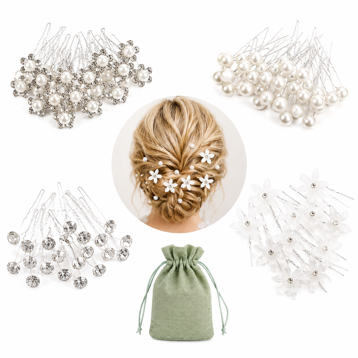 VEGCOO - Horquillas   elegantes para cabello en Forma de U - Set de 50 Pzas. Perladas/Brillantes