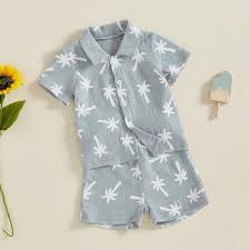 Conjunto infantil camisa y short - Gris con estampado tropical