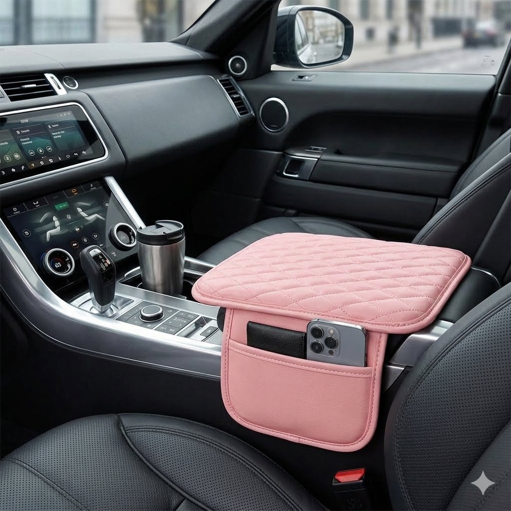 Organizador reposabrazos para auto de mujer - Rosa acolchado