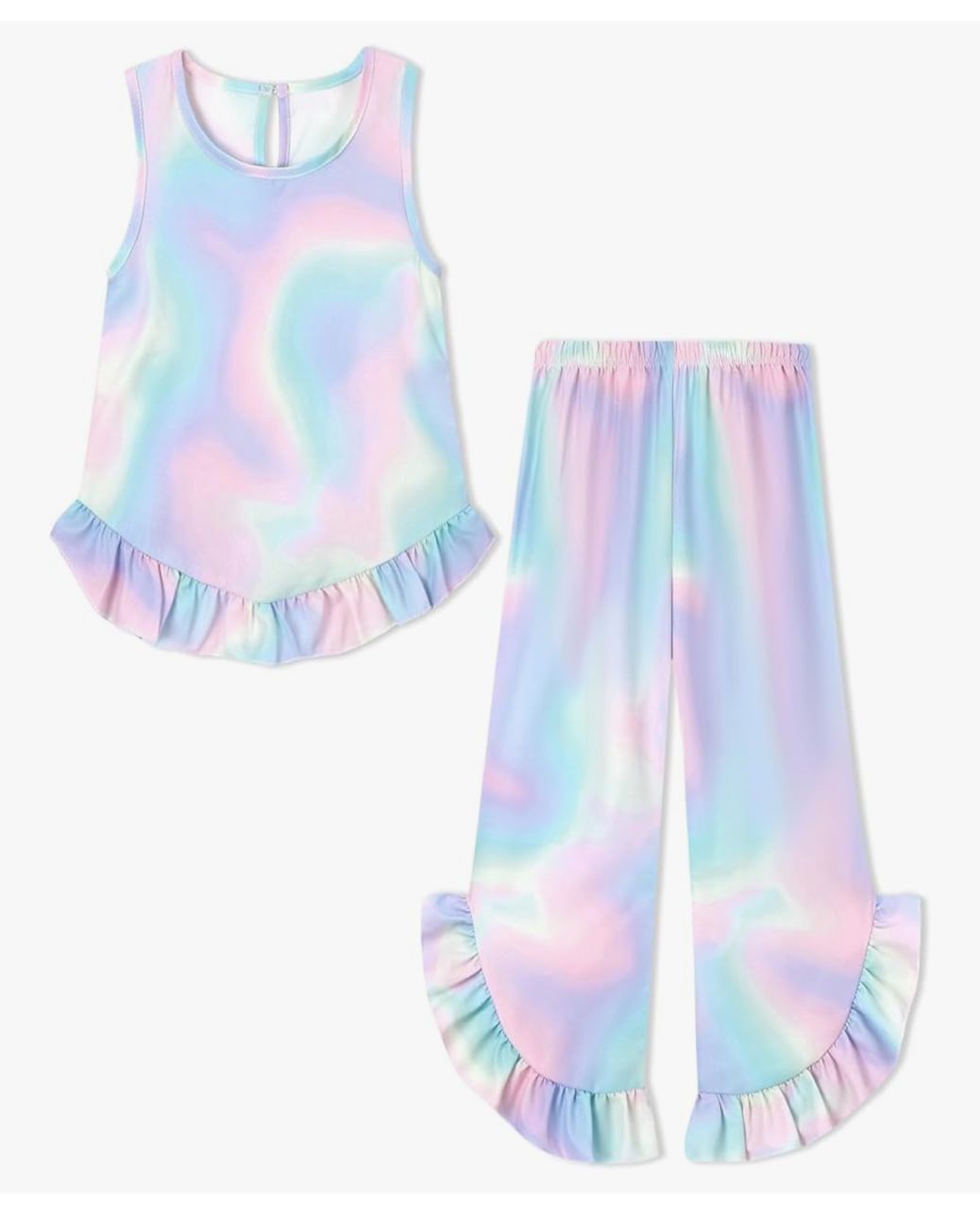 Coco&RaRa Conjunto infantil de blusa y pantalón - Tie dye pastel con volantes