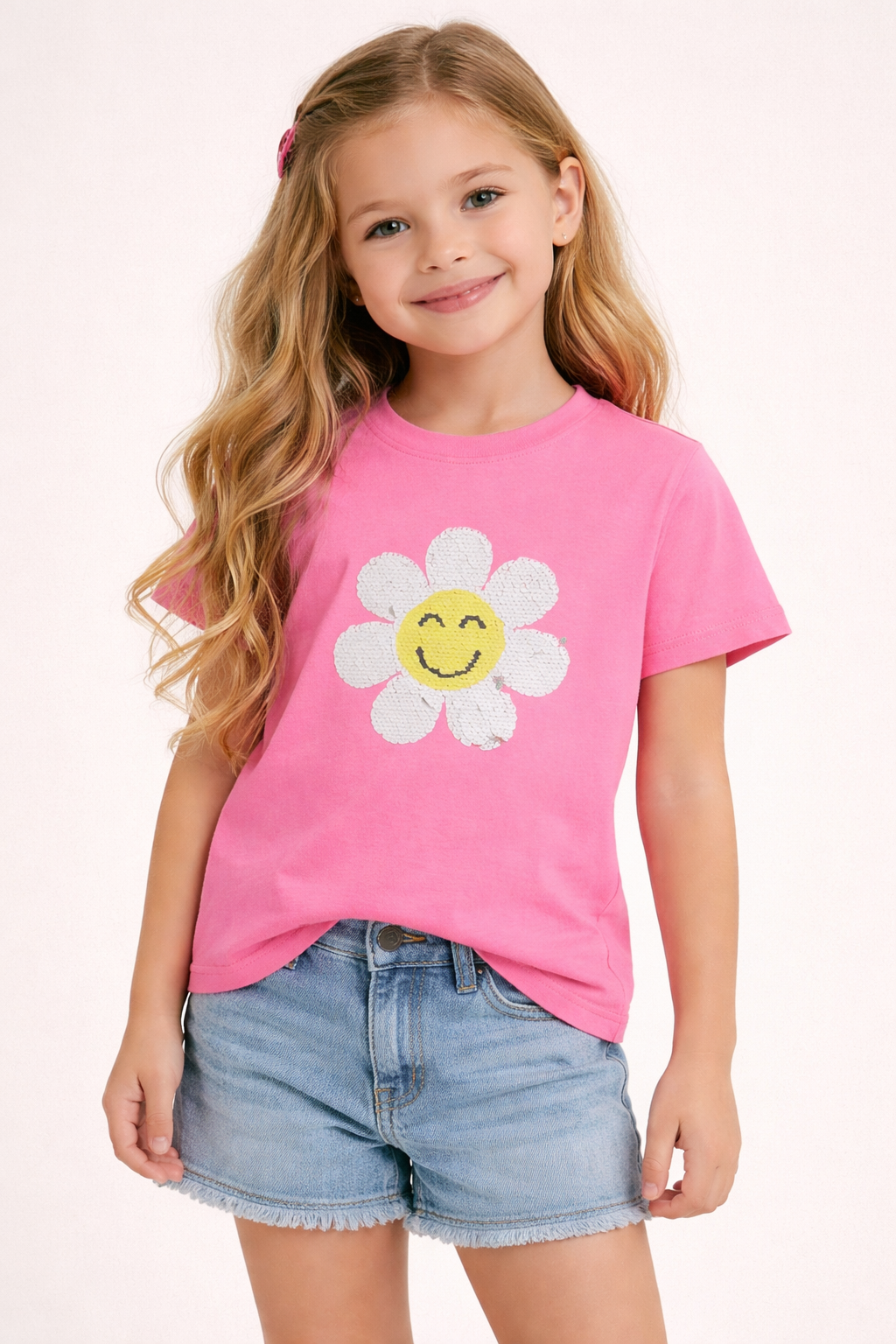 Camiseta Infantil Rosa con Flor Smile tallas: 4,5,6,7,8,9,10