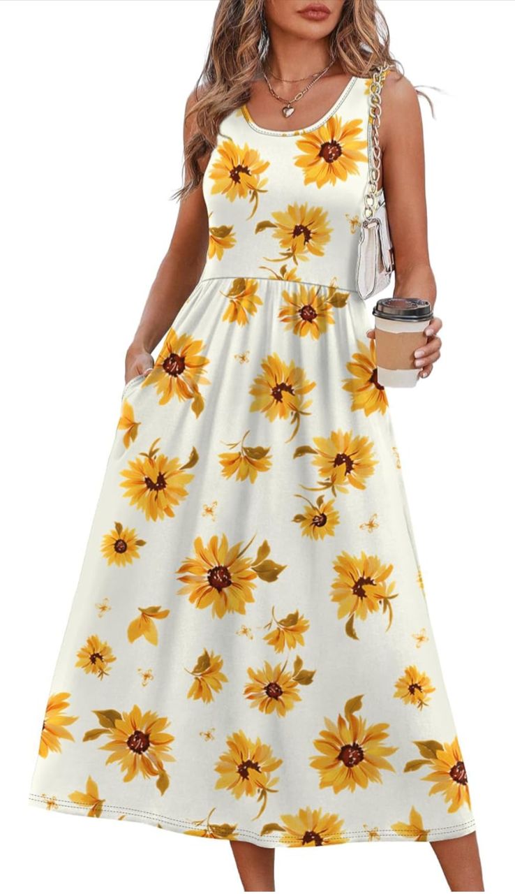 Vestido midi sin mangas con estampado de girasoles - Blanco/Amarillo