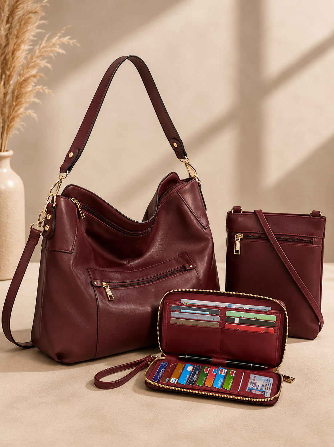 Set de 3 bolsos Hobo, bandolera y cartera - Vino