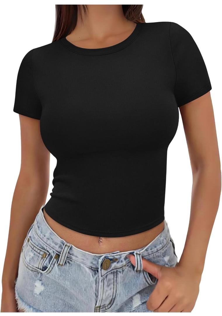 Camiseta Crop Top Ajustada - Negro