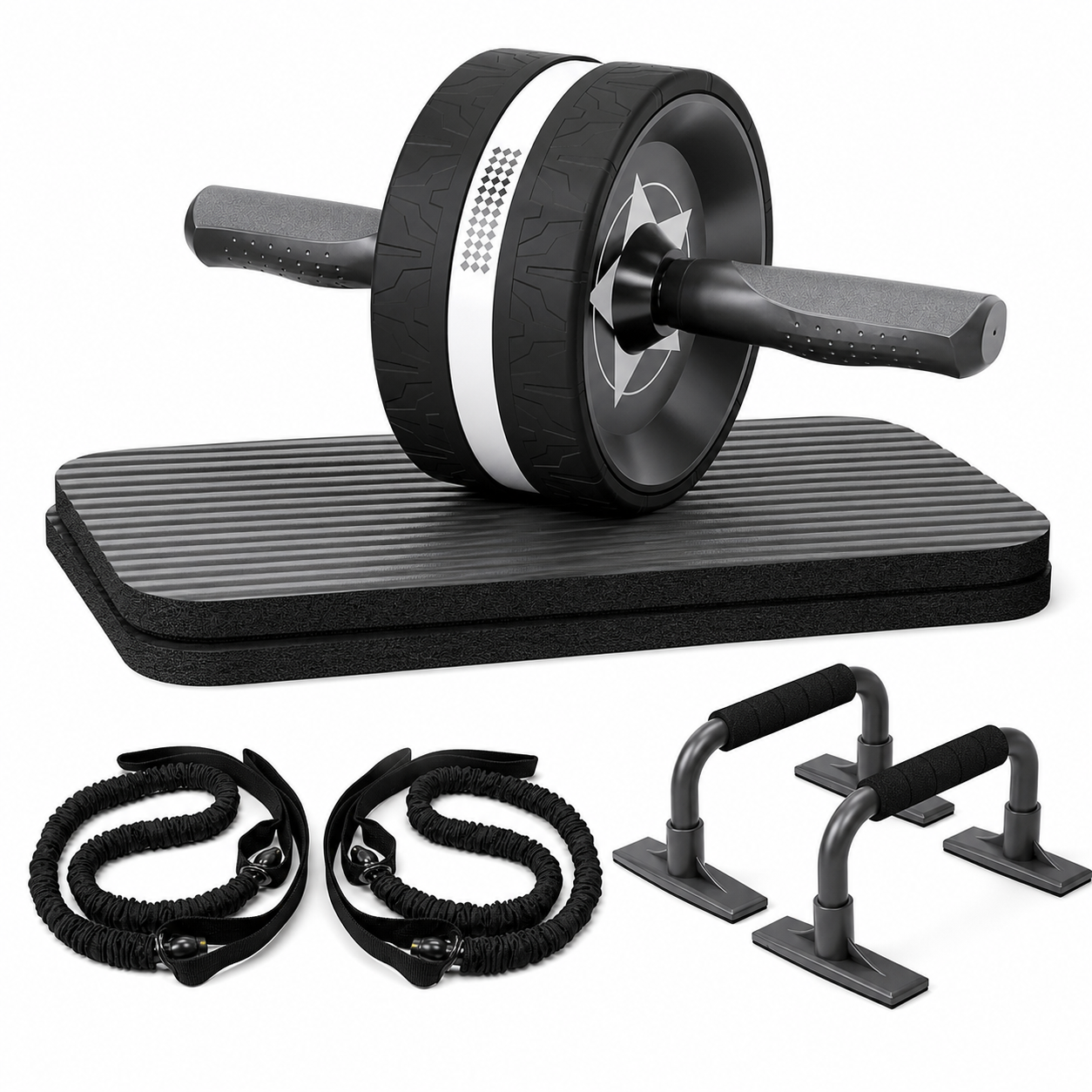 EnterSports - Equipo de Fitness - Rodillo de abdominales, 2 barras para flexiones, 2 bandas de resistencia y 2 almohadillas