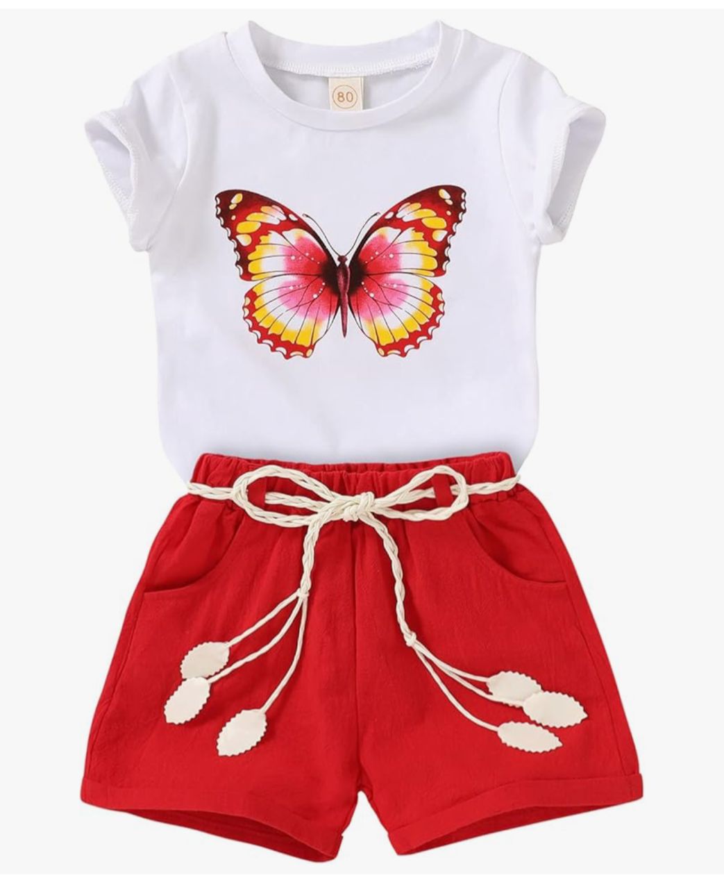 YOUNGER TREE Conjunto infantil camiseta mariposa y short - Blanco/Rojo