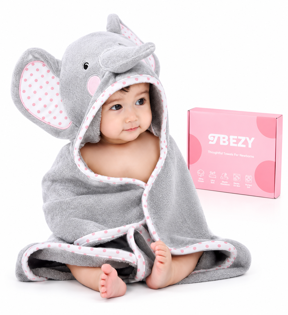 TBEZY - Toalla con Capucha para Bebé - Elefante Gris