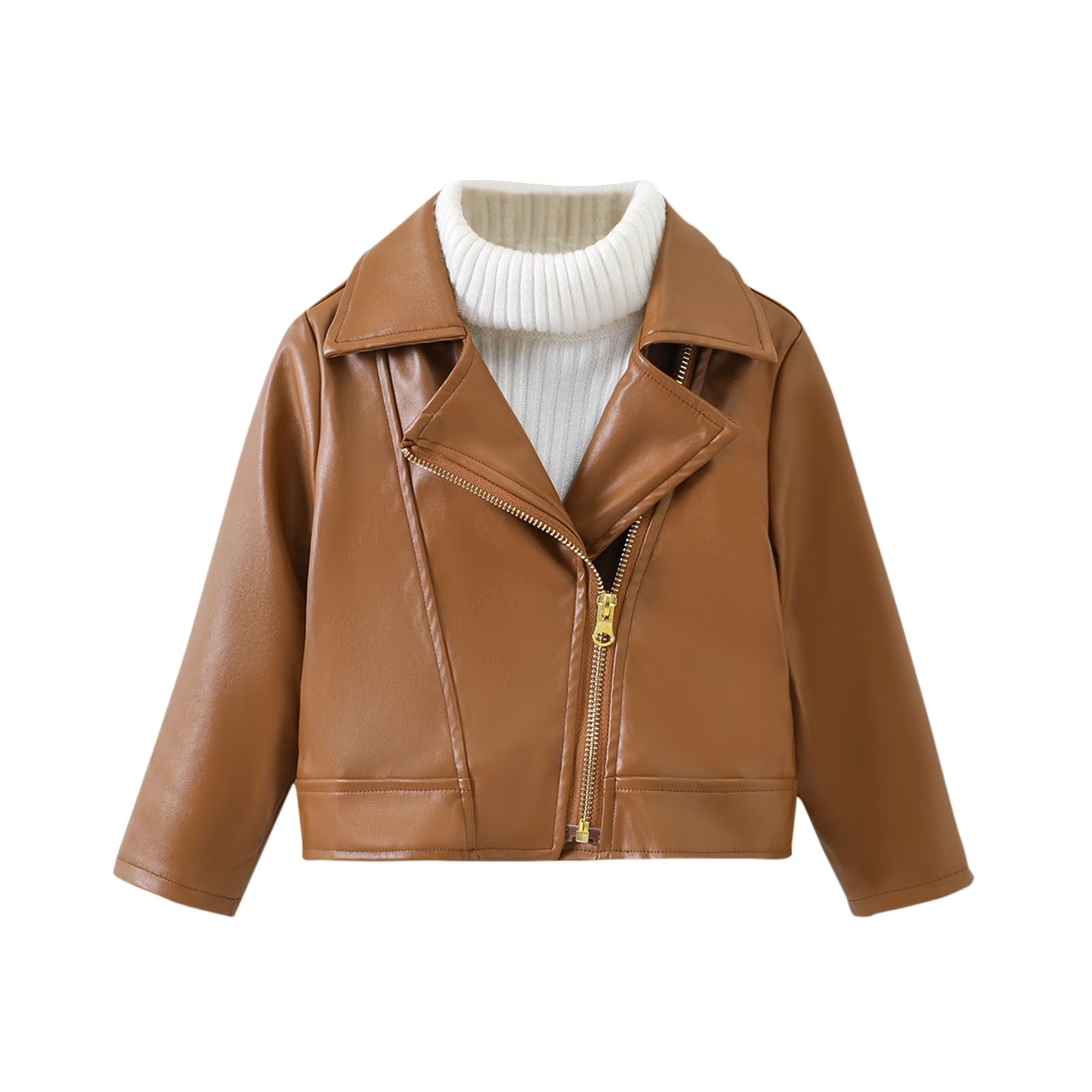 Darzheoy - Chaqueta de cuero para niño - Marrón con Cuello Alto Blanco