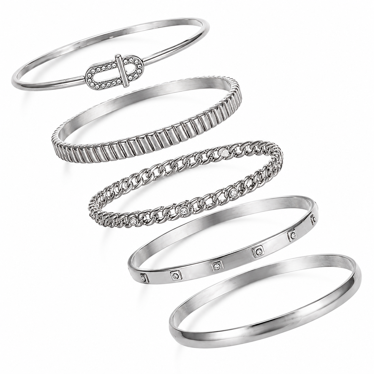 Time and Tru - Juego de 5 Pulseras Tipo Brazalete - Plateadas