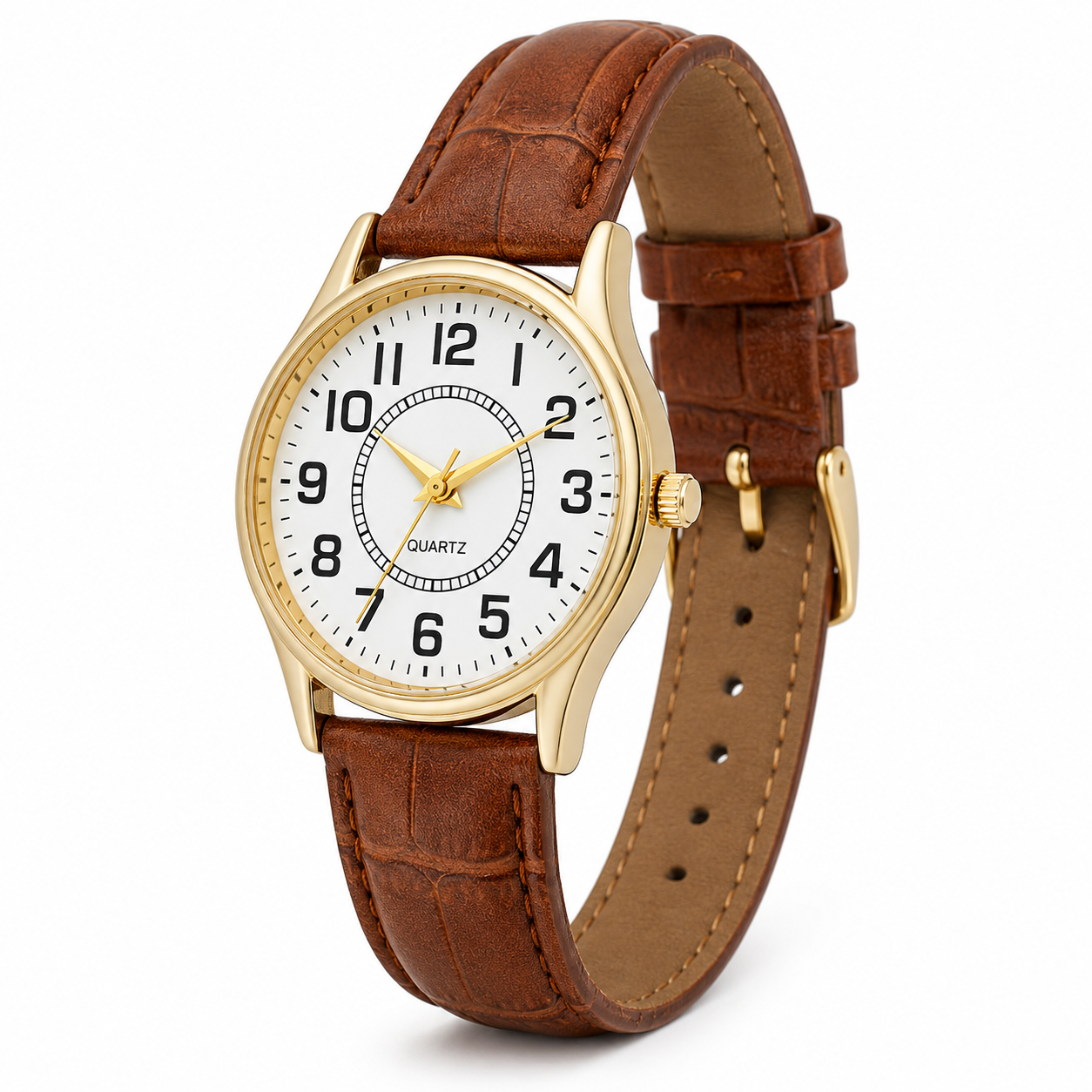 Time & Tru - Reloj de Pulsera - Correa de Cuero Sintético en Relieve - Marron/Blanco/Dorado