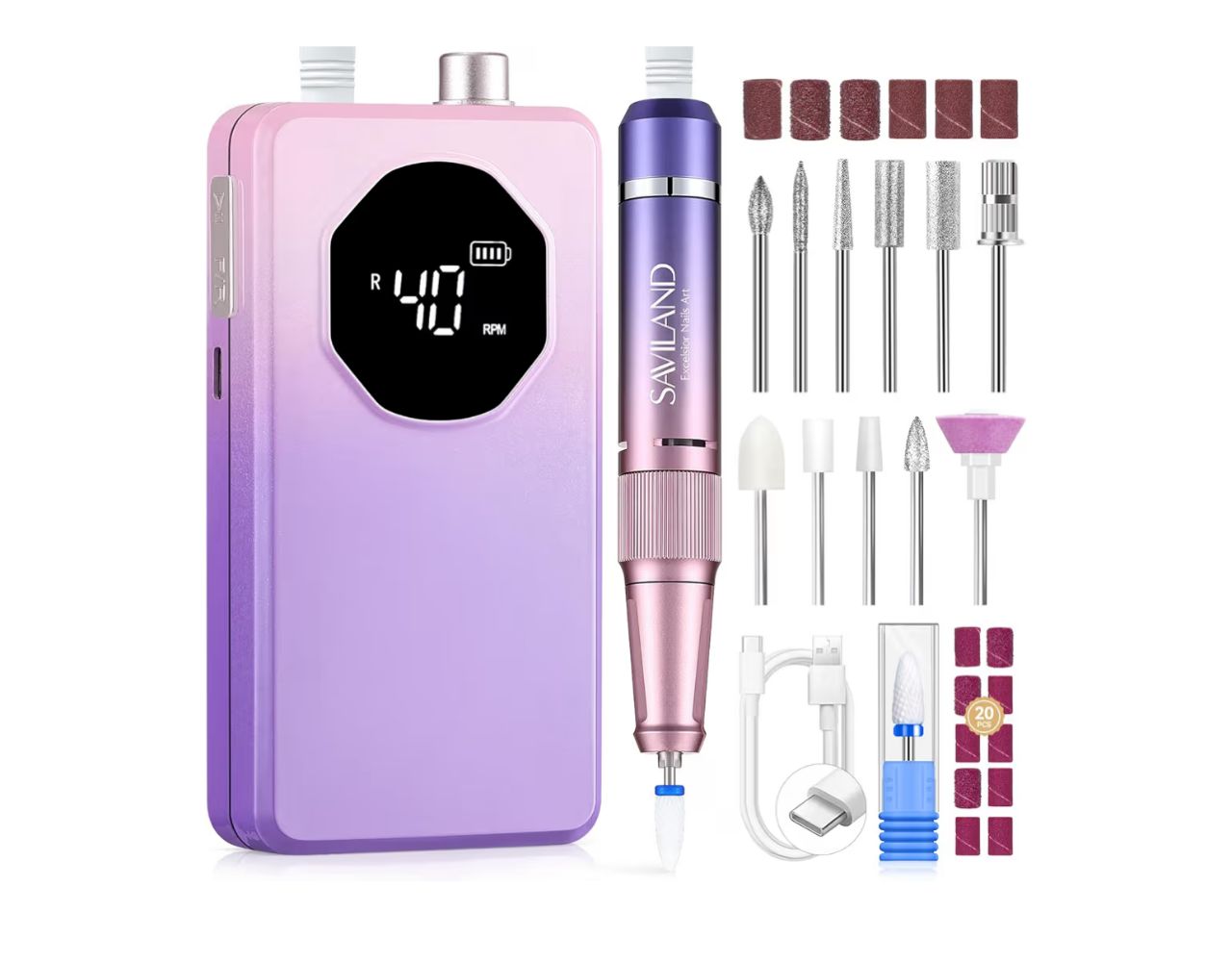 Saviland - Torno Eléctrico para Uñas 2026 - Kit Recargable Rosa Morado 40000 rpm