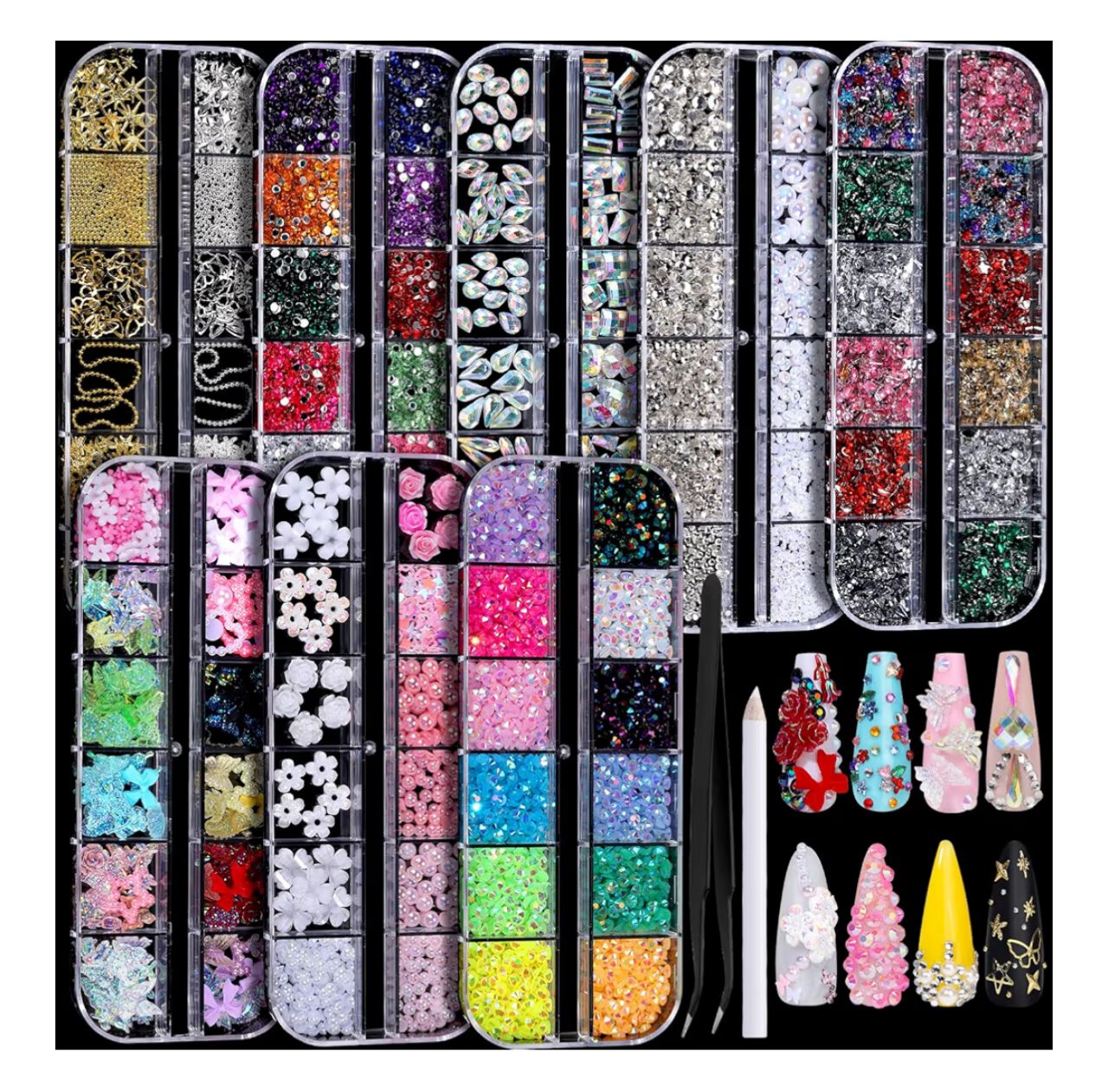 FANDAMEI - Kit de Decoración para Uñas 3D - Pedrería y Charms Multicolor 8 cajas