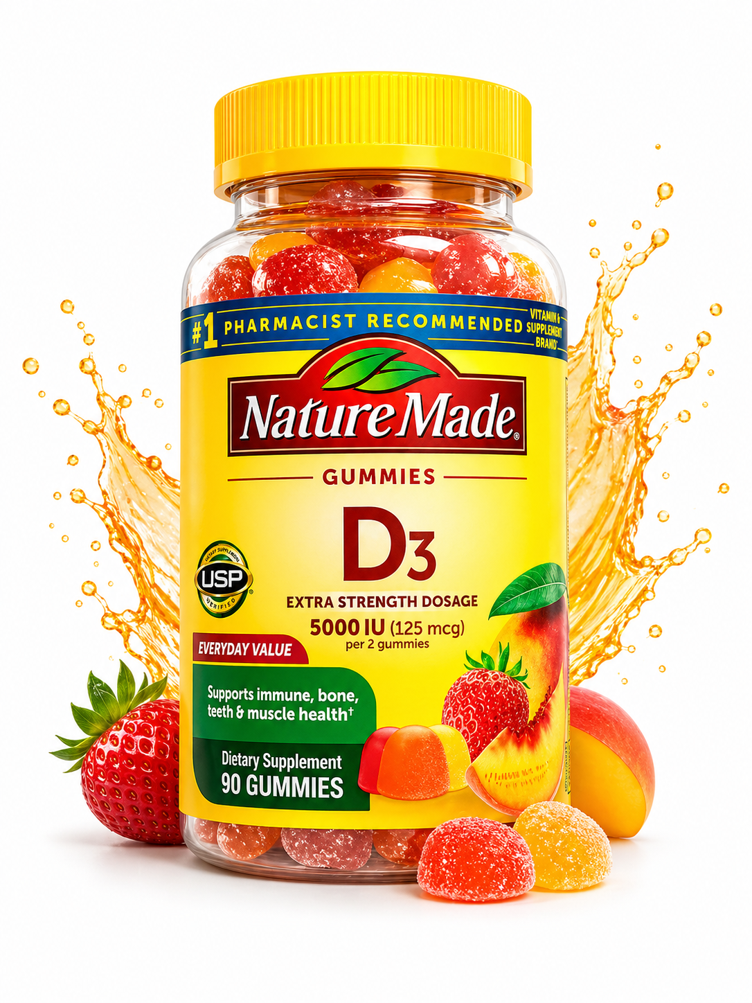 Nature Made - Gomitas de Vitamina D3 - Extra Strength 5000 IU, 90 gomitas