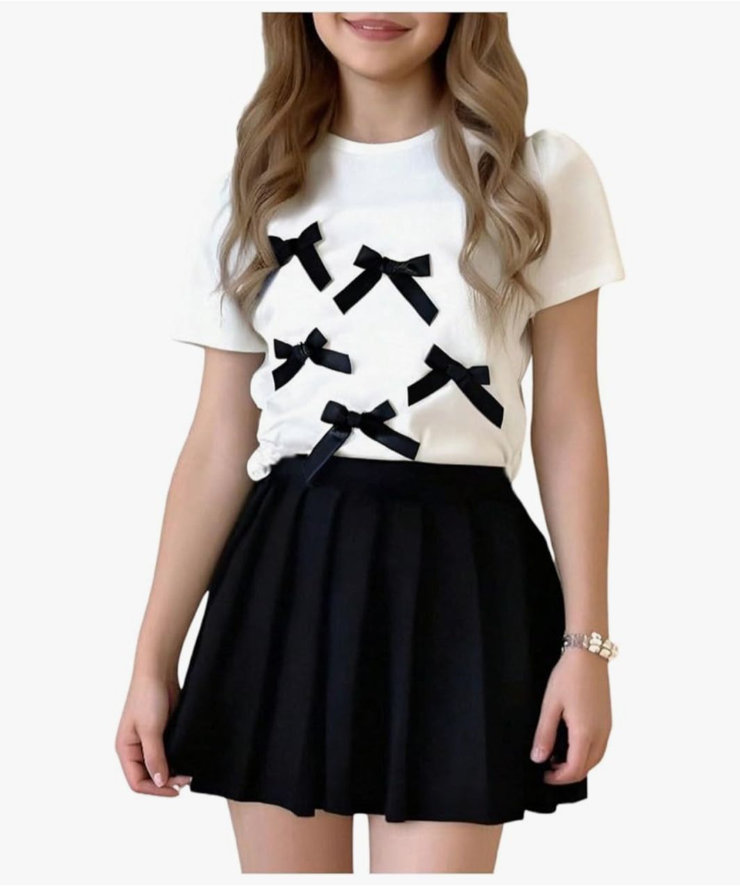 RoseSeek - Conjunto Camiseta con Lazos y Falda Plisada - Blanco/Negro