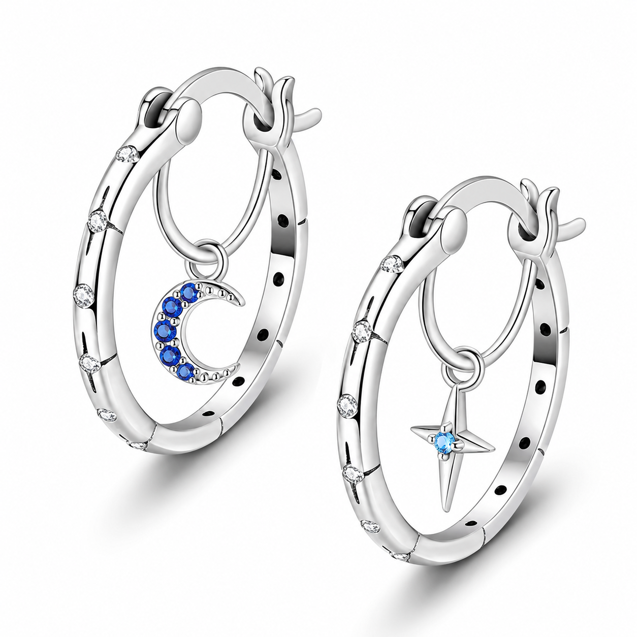 MULA - Zarcillos de Aro de Plata Esterlina 925 Asimétricos - Estrella y Luna CZ