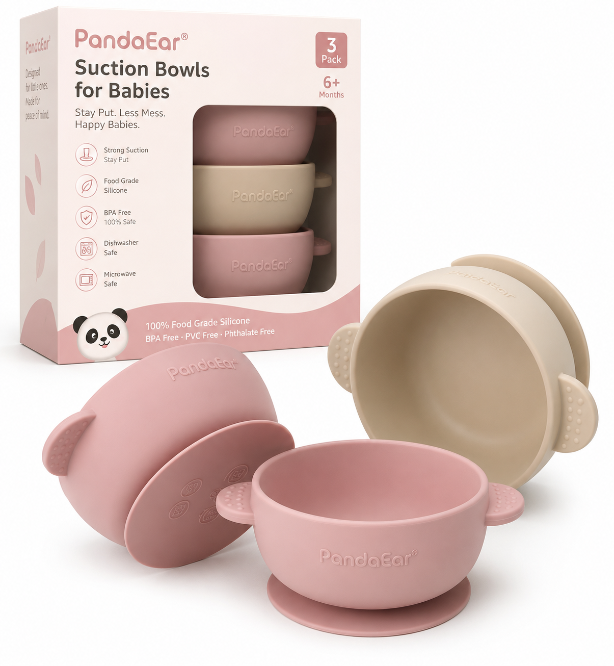 PandaEar - Tazones con Succión para Bebés - 3 Pack Rosa y Beige - Niña