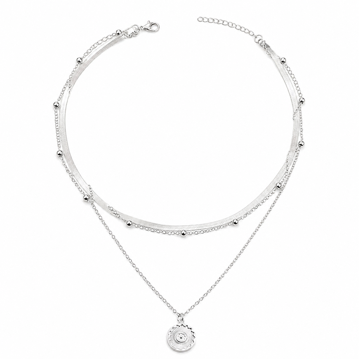 HXHDXD - Collar Redondo de Tres Capas de Plata Esterlina 925