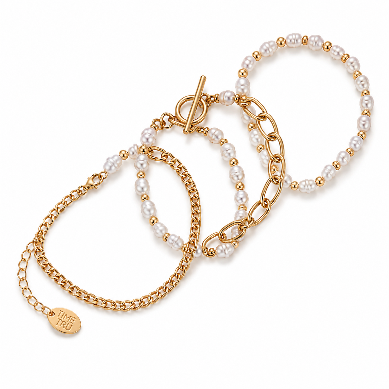 Time and Tru - Juego de 4 Pulseras para Mujer - Doradas y Perlas Sintéticas