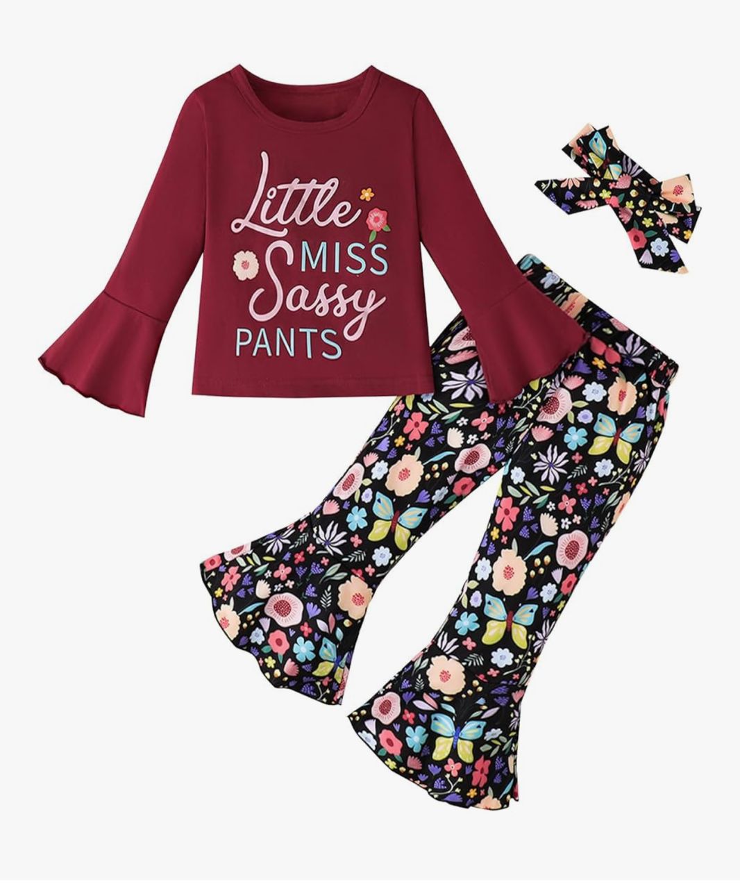 YALLET Conjunto infantil Little Miss Sassy Pants - Vinotinto floral