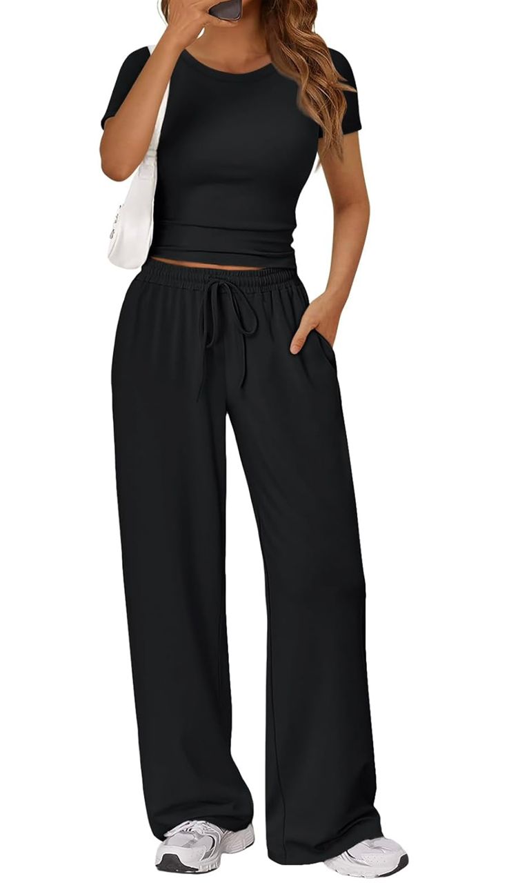 Conjunto Casual de Blusa Corta y Pantalón Palazzo - Negro