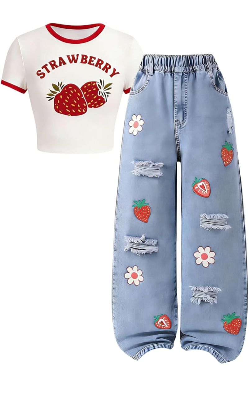 Azmxynol Conjunto crop top y jeans - fresa