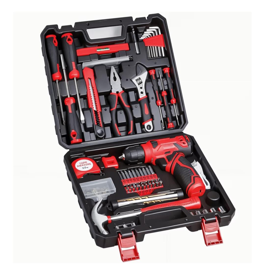 Kit de Herramientas con Taladro Inalámbrico - Maletín Rojo/Negro 132 piezas