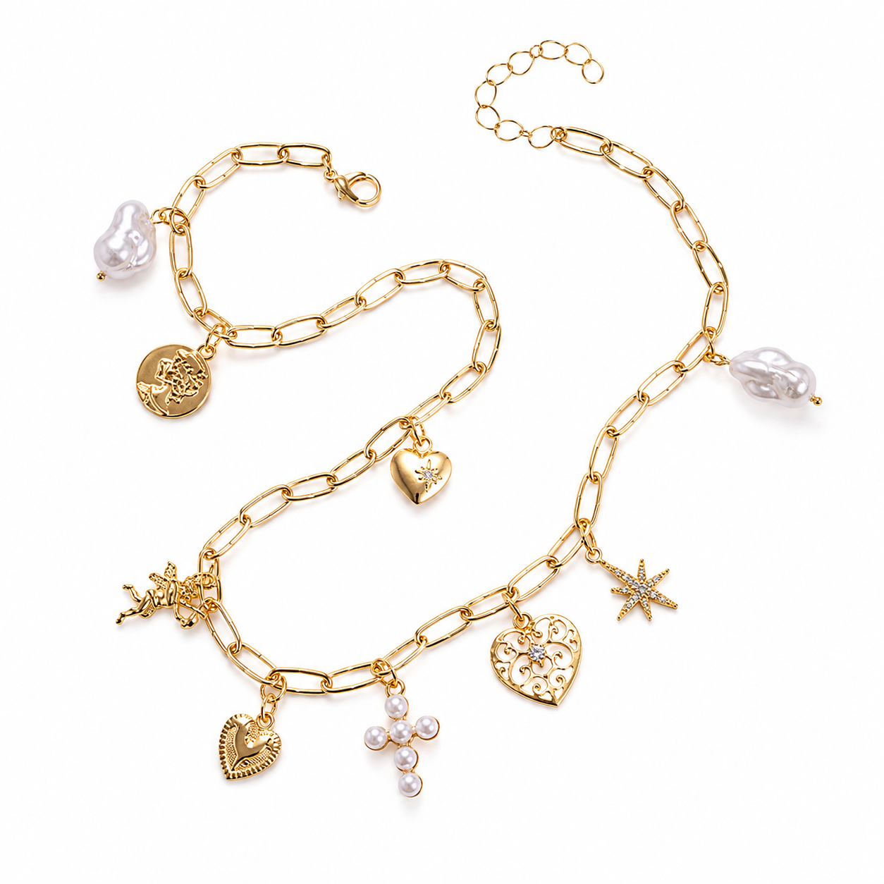 Collar Dorado de Dijes para Mujer - Cruz, Corazones y Estrella