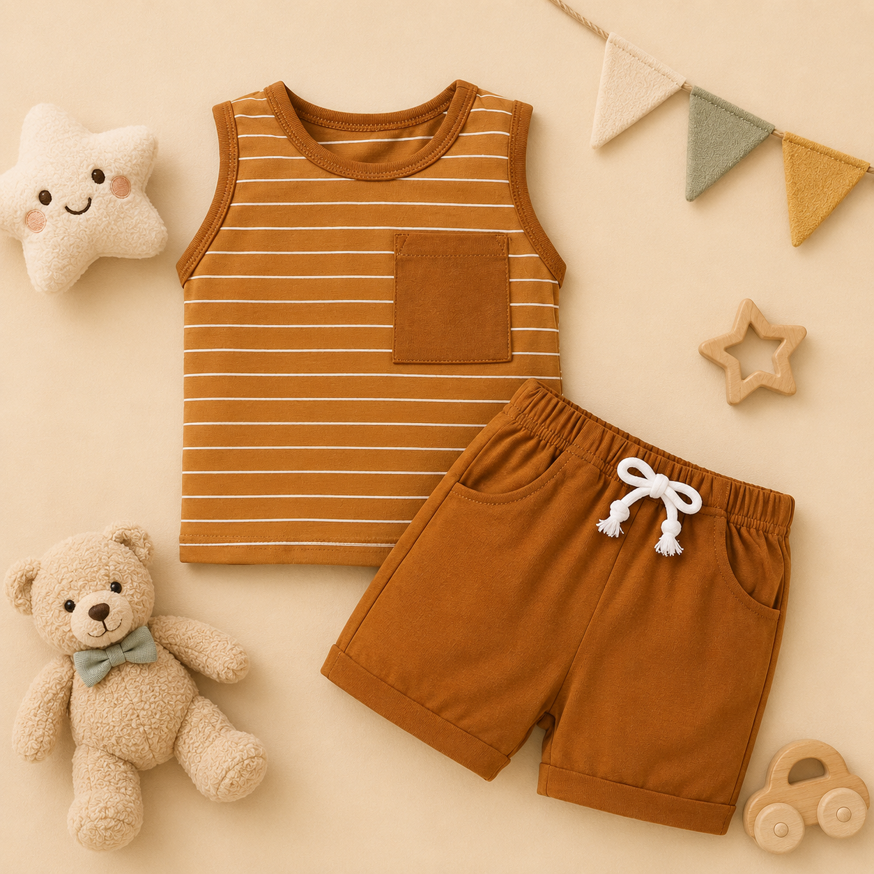 Conjunto infantil - Camiseta sin mangas a rayas y shorts marrón